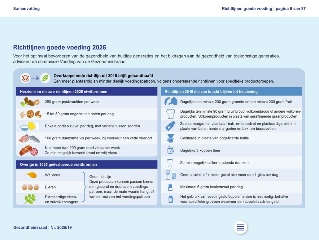 Overzicht met pictogrammen en tekst Richtlijnen goede voeding 2025 (o.a. over peulvruchten, noten, zuivel, vis, rood en wit vlees, eieren, vlees-en zuivelvervangers, groente en fruit, volkorenproducten, oliën, gefilterde koffie, thee, geen suikerhoudende drinken, geen alcohol of niet meer dan 1 glas per dag, zout, voedingssupplementen